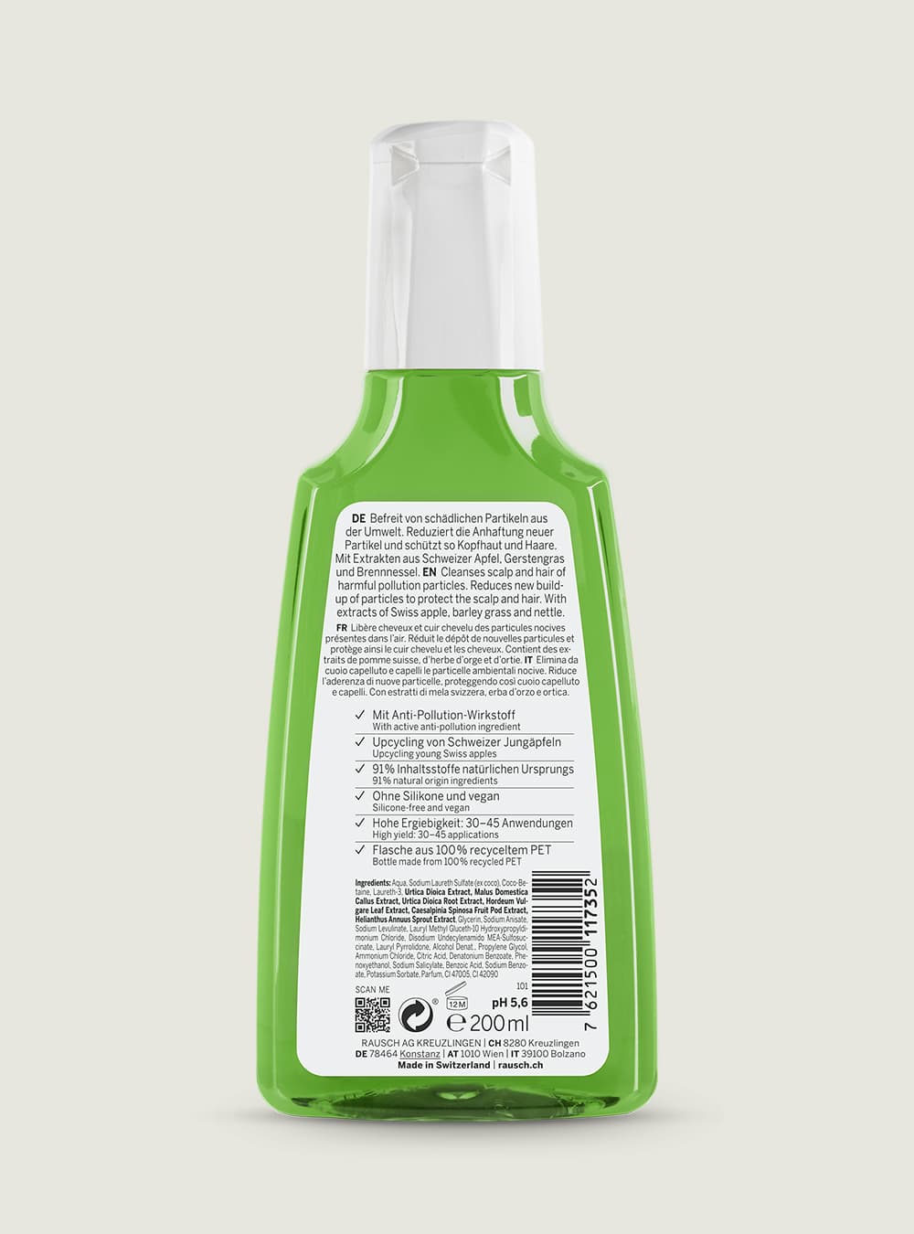 Rückseite des 200ml Anti-Pollution-Shampoo mit Schweizer Apfel von RAUSCH