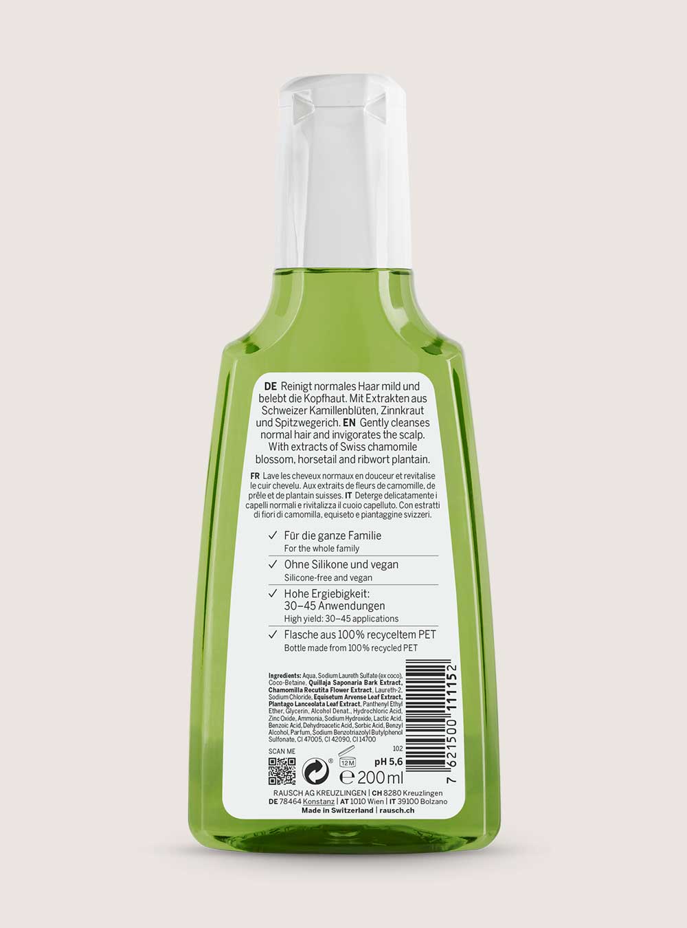 Rückseite RAUSCH Pflege-Shampoo mit Schweizer Kräutern
