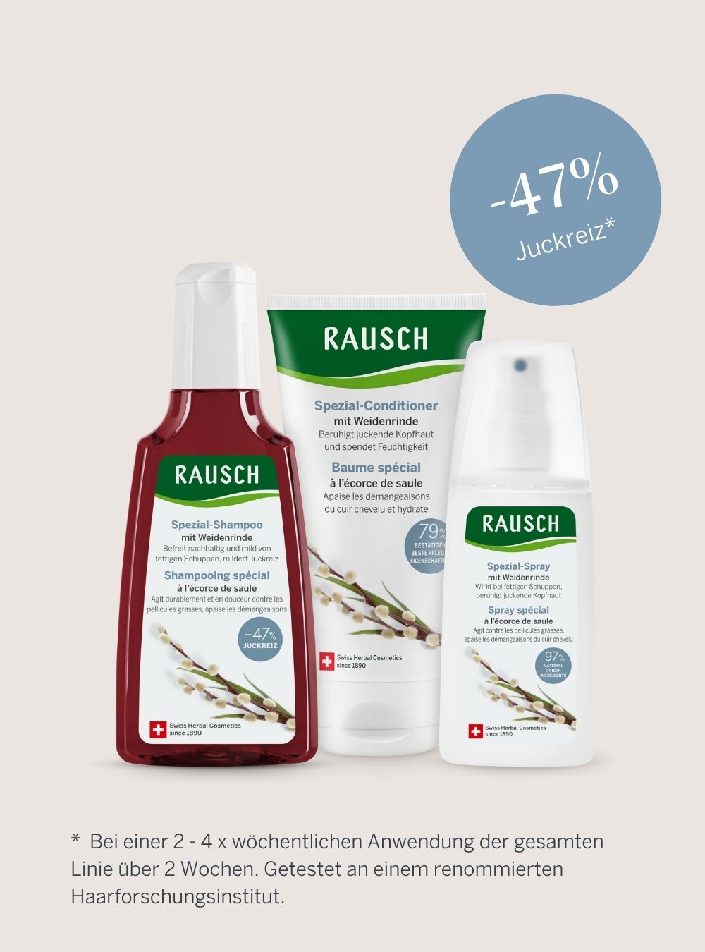 RAUSCH Spezial-Linie mit Weidenrinde sorgt für 47 % weniger Juckreiz