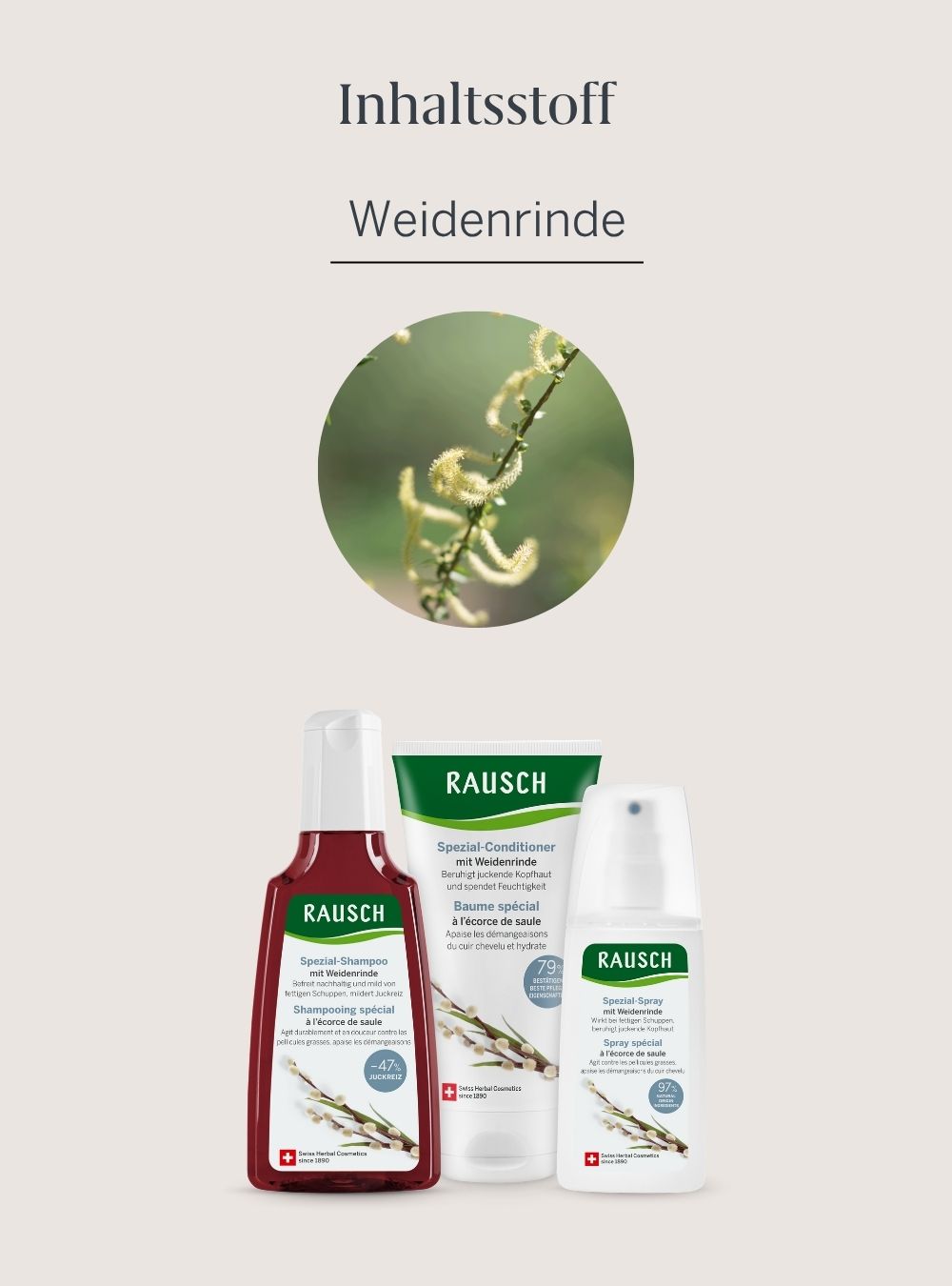 Inhaltsstoff Weidenrinde und Abbildung der Spezial-Linie mit Weidenrinde